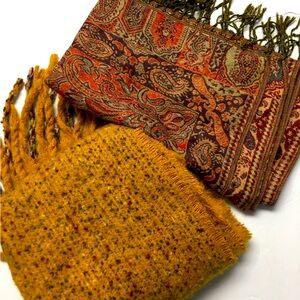 Cozy Fuzzy Scarf Bundle (2) Mustard Yellow Tan Fall Winter Pashmina